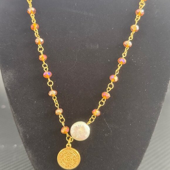 Boho Faith Necklace – Saint Benedict, Nacre Charm & Color Beads - Picture 2 of 3
